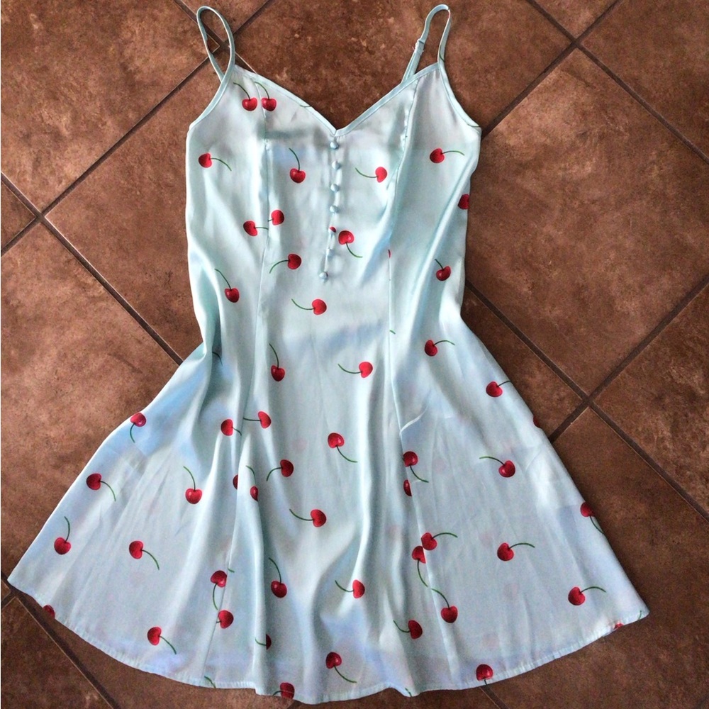 Light Blue Cherry Print Mini Dress